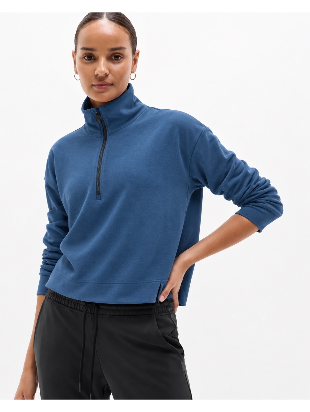 Athleta Seasoft Quarter Zip Pullover Blue TENCEL Modal Cropped Top XS